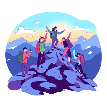 A group of hikers is standing triumphantly at the peak of a rocky summit. The sky above them is transitioning from deep blue to a soft orange as the sun begins to rise, casting warm golden light across the landscape. Each hiker is dressed in colorful outdoor gear, including jackets and backpacks, with their faces lit up with excitement. In the background, majestic mountains stretch into the distance, their silhouettes softened by the early morning glow. Some hikers are taking photos, while others are raising their arms in celebration of reaching the summit.