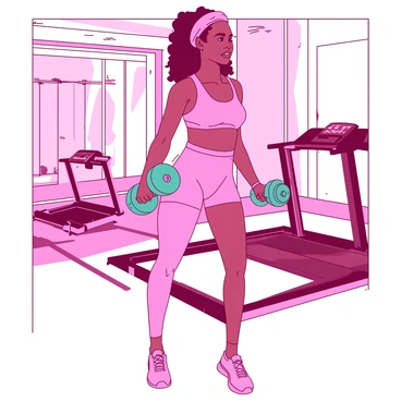 A pink Serena Williams is lifting a pair of teal dumbbells in a modern gym. She is wearing a fitted athletic outfit that highlights her muscular physique. In the background, there are various gym equipment pieces, including a treadmill and weight bench, creating a lively training atmosphere. Serena has a focused expression as she engages in her workout, and the gym floor is reflective, adding depth to the scene.