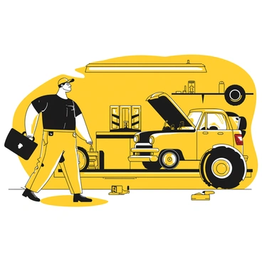 A mechanic with a sturdy build is walking towards a broken-down vehicle inside a garage. The mechanic is wearing a black shirt and yellow work trousers, with a yellow cap on his head. He is carrying a large black toolbox in one hand. The vehicle is a classic car with its hood raised, revealing the engine. There are various tools and equipment scattered on a workbench nearby, and a large tire is leaning against the wall. The atmosphere is busy and filled with the details of a garage setting.