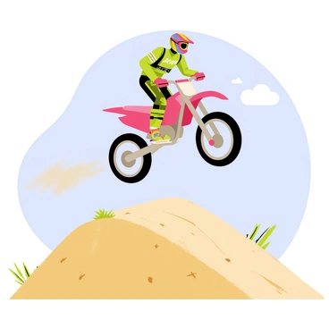 A motocross rider in a colorful helmet and gear is soaring through the air above a dirt hill. The rider is positioned on a sleek, powerful motorcycle with its wheels off the ground. The background shows a bright blue sky dotted with a few fluffy clouds. The dirt hill has a rough texture, with some scattered rocks and tufts of grass visible. Dust is kicked up from the hill, emphasizing the motion of the jump. The scene captures the thrill and excitement of motocross.