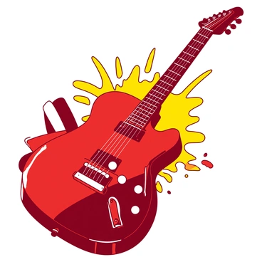 A red electric guitar is placed in the center of the image, its body gleaming in the light. The guitar has a glossy finish with intricate details on the pickguard and strings. Surrounding the guitar, there are splashes of yellow that create a dynamic and energetic feel. The background features a mix of red and yellow hues blending together in an eye-catching composition. The guitar's neck is angled slightly, showcasing its frets and tuners prominently.