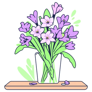 A vibrant assortment of freesias is arranged in a glass vase. The flowers bloom in various colors, showcasing their delicate petals. The vase is placed on a wooden table, and the freesias are presented at differing heights for a dynamic appearance. Each flower's unique shape and texture can be seen, with some buds just beginning to open. The background features soft greenery, enhancing the freshness of the scene. A few scattered petals are on the table, adding to the overall composition.