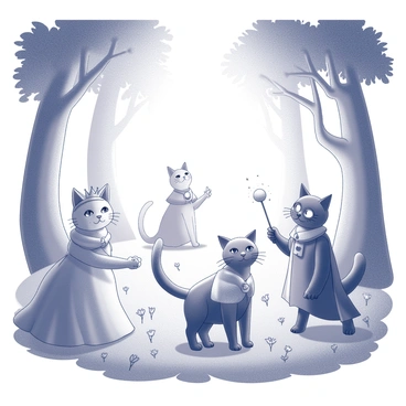 Several cats dressed in fairy tale character costumes are posed throughout a mystical forest scene. One cat is wearing a crown and a flowing gown, representing a princess, while another cat is donning a cape and a mask, resembling a heroic knight. In the background, a cat disguised as a wizard holds a small wand, with sparkles illustrated around it. The forest is filled with tall, whimsical trees that have twisted trunks and large, leafy canopies. Delicate flowers in various shapes and sizes dot the forest floor, enhancing the enchanting atmosphere. Soft beams of light filter through the leaves, creating a magical interplay of light and shadows.