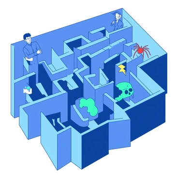 A blue maze with tall, intricate walls is filled with sharp turns and dead ends. In various sections of the maze, a person is seen pausing at each turn, appearing contemplative. At the first turn, there is a red spider symbolizing fear, while the next turn features a yellow thunderstorm cloud. Further along, a teal skull is visible at another corner, representing dread. Each fear image is distinctly marked, creating a contrast against the maze's walls. The person's expression reflects determination as they navigate through this challenging environment.