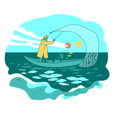 A teal fisherman is casting a large net into the calm sea, with waves gently lapping against the shore. The fisherman is standing on a small boat, wearing a bright yellow raincoat and a matching hat. The sky is transitioning from deep blue to lighter hues of blue and orange as the sun begins to rise on the horizon, illuminating the scene. Schools of fish can be seen swimming beneath the surface, hinting at the herring the fisherman hopes to catch. The net is spread wide as it arcs gracefully through the air, creating a moment of anticipation in the tranquil morning.