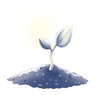 A tiny bean sprout emerging from dark, rich soil. The sprout has delicate leaves that are just beginning to unfurl, showing signs of life and growth. The background features the sun shining brightly, casting gentle rays down onto the sprout, creating an atmosphere of warmth and vitality. The soil is textured with small clumps and particles, providing a sense of depth and a nurturing environment for the sprout.