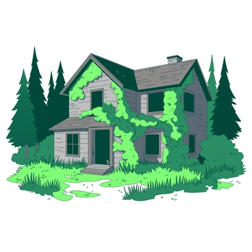 An old, abandoned mansion with broken windows stands in the center of a dense forest. The structure is covered in overgrown green vines that wrap around its crumbling walls. The cracked wooden door hangs slightly ajar, revealing dark, empty rooms within. Tall grass and weeds surround the mansion, adding to its neglected appearance. A faint mist hovers around the base of the building, enhancing the atmosphere of mystery.