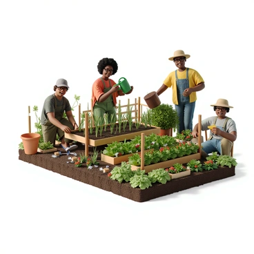 A diverse group of people working together in a vibrant community garden. One person with curly hair is planting seedlings in a small plot, while another individual with glasses is watering a row of blooming flowers. A third person, wearing a wide-brimmed hat, is pruning a bushy plant. Colorful flowers and green vegetables fill the garden beds, surrounded by wooden fences and a variety of gardening tools scattered around. Bright sunlight illuminates the scene, enhancing the vivid colors of the plants and the cheerful expressions of the gardeners.