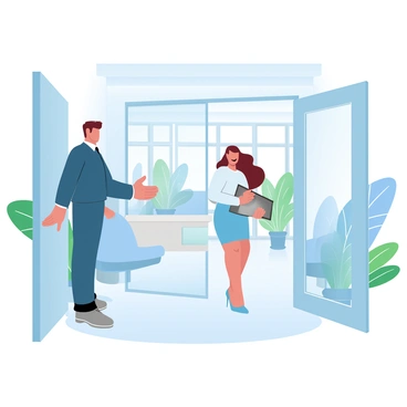 A professional man in a tailored suit is holding the door open in a modern office lobby. He has neatly styled hair and is standing confidently, with one hand on the door and the other gesturing for his colleague to enter. A woman in a smart business dress is walking through the doorway, carrying a laptop bag and wearing a focused expression. The lobby features polished marble floors and sleek furniture, with large windows allowing natural light to fill the space. A few green plants are placed strategically around the lobby, adding a touch of freshness to the environment.