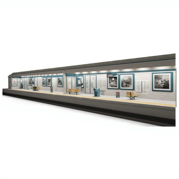 A subway platform with concrete walls and a tiled floor. The platform is lined with several large frames displaying "historical photographs" of the subway system's early days. Each photograph is accompanied by detailed information plaques. Scattered around are "artifacts" such as old ticket machines and vintage signage, each labeled with descriptions. There are also benches for waiting passengers along the edge of the platform, and a train can be seen approaching in the background. Soft overhead lighting emphasizes the displays, creating a focal point on the historical elements.