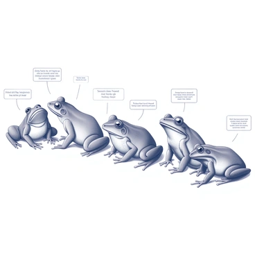 A detailed illustration showing various frog species side-by-side. Each frog is depicted with distinctive features such as size, shape, and texture of the skin. The frogs are positioned on a flat surface, allowing for direct comparison. Labels in the image identify each species, accompanied by their scientific names. The background is simple to ensure focus on the frogs. Different poses such as sitting, jumping, and resting are displayed among the species to highlight their unique characteristics.