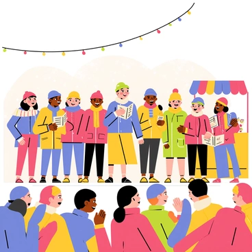 A choir consisting of diverse individuals in colorful winter attire, including bright scarves and knitted hats, is positioned in front of a festive backdrop. The choir members are joyfully singing, with some holding songbooks. Surrounding them are twinkling string lights and colorful stalls filled with holiday decorations and treats. Snow is gently falling, creating a magical winter atmosphere. The audience, bundled up in their coats, is gathered around, clapping and smiling, enjoying the lively performance.
