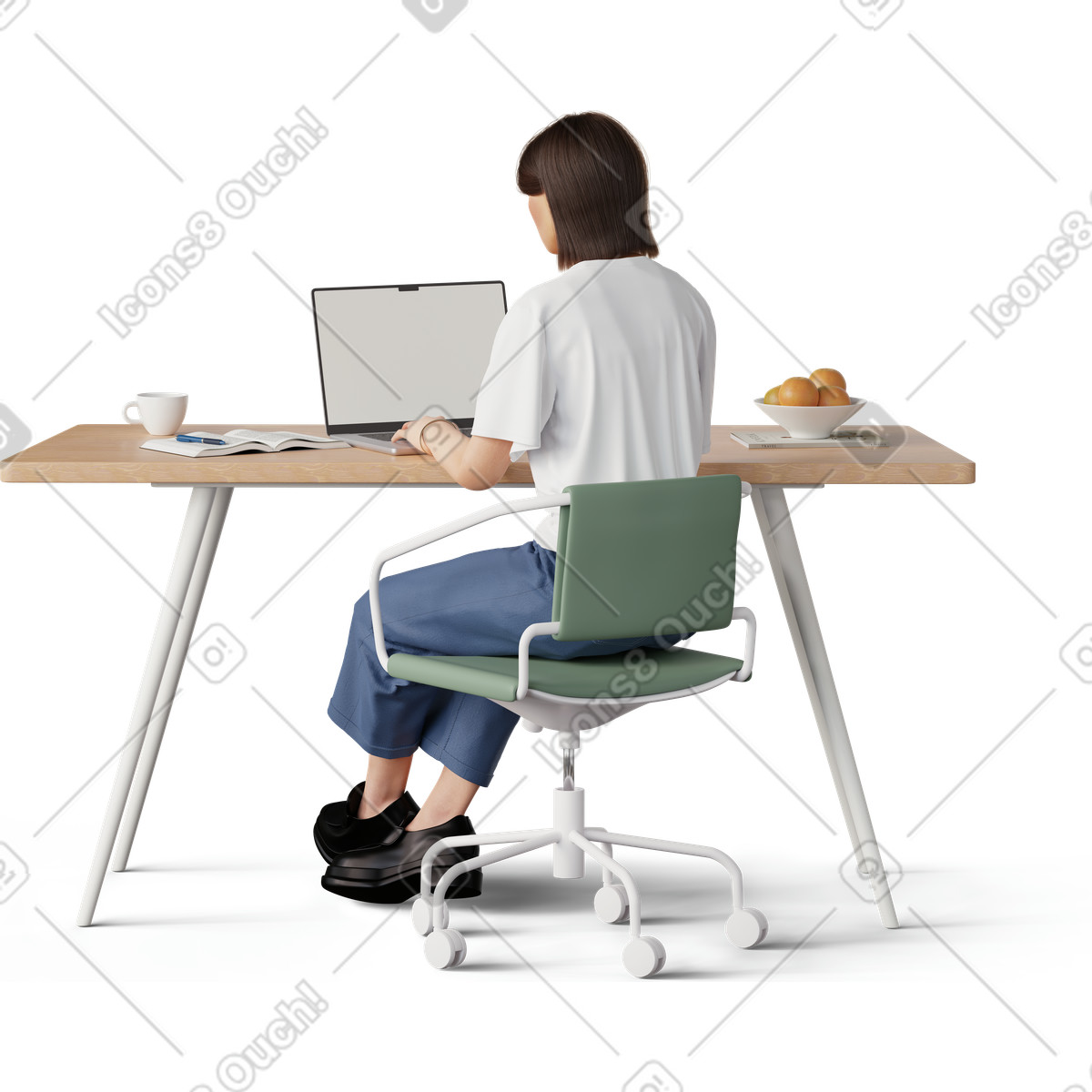 下载 3D Hygge 风格的 在笔记本电脑上工作的女孩的后视图 插画，支持 PNG、SVG 格式