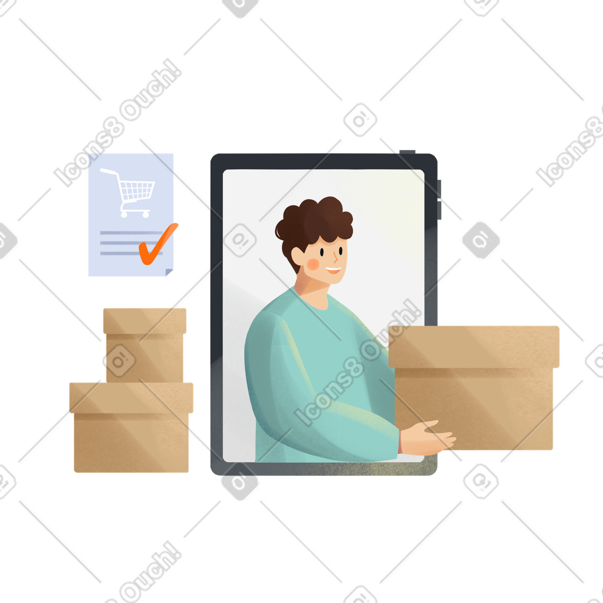 Ilustração de Jovem entregando várias caixas mercadorias uma loja online em no estilo Shine para baixar em PNG, SVG