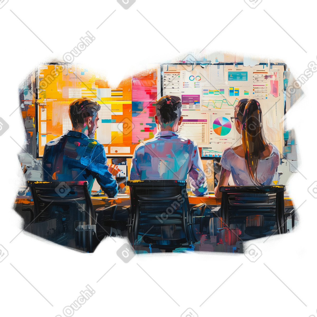 Illustration Peinture à l'huile d'une équipe marketing en train de réfléchir dans le style Pictorial télécharger aux formats PNG, SVG