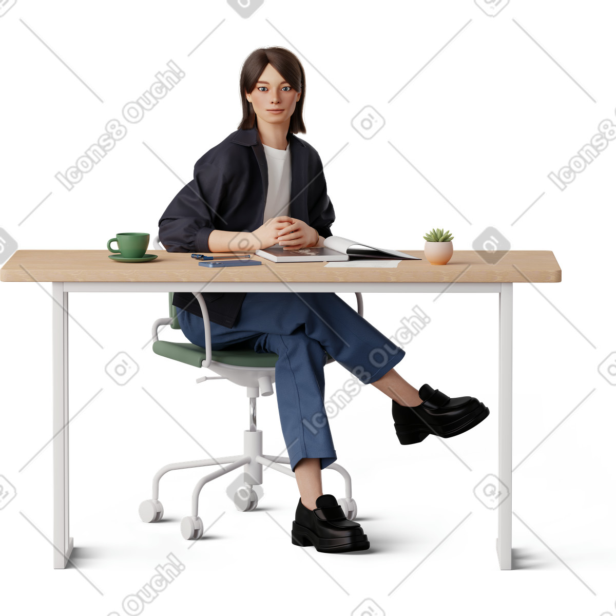 Young woman sitting at the table illustration in 3D Hygge style download in PNG, SVG