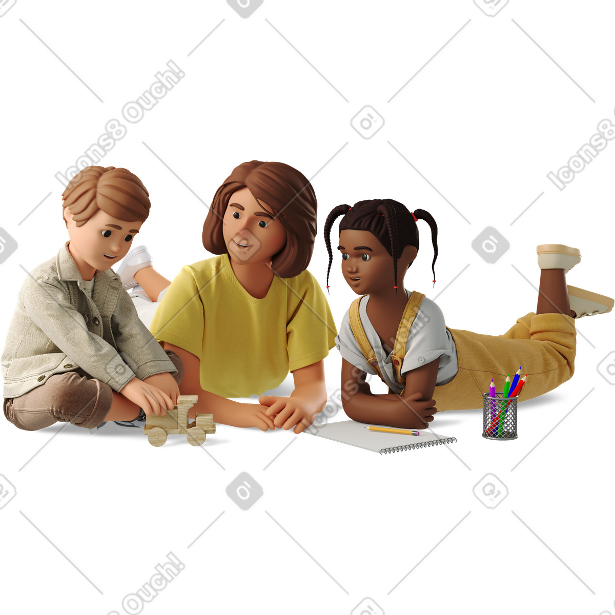 Woman playing with children illustration in 3D Business style download in PNG, SVG