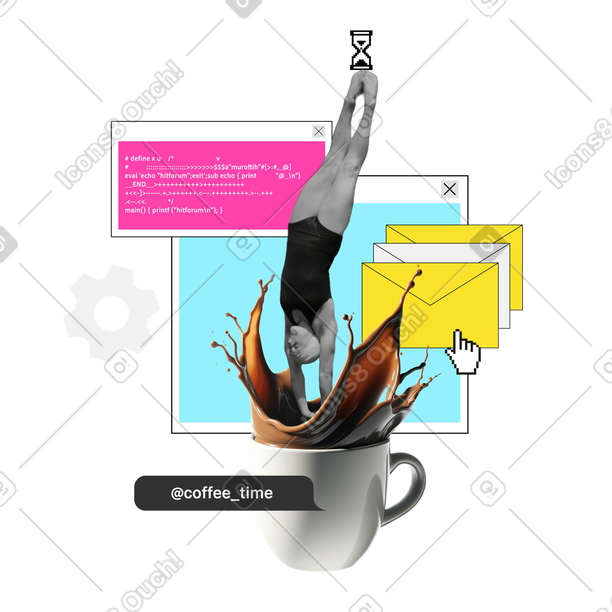 Jumble 스타일의 커피 한잔에 다이빙하는 젊은 여자 일러스트레이션 PNG, SVG 다운로드