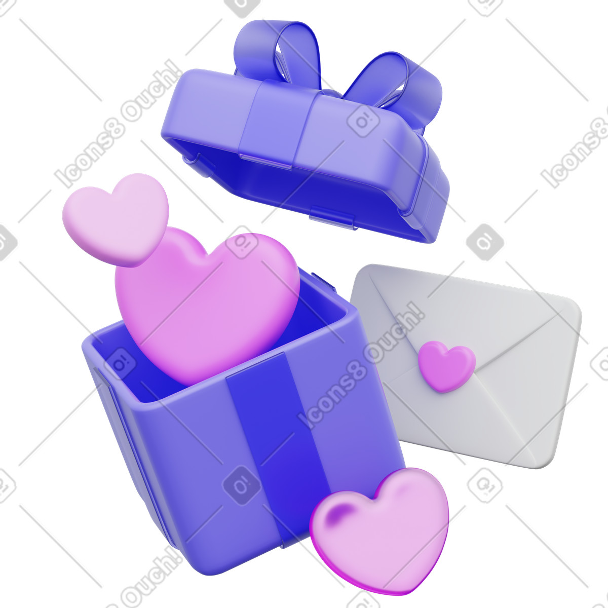 Gift box with hearts and envelope, love letter icon, romantic surprise symbol illustration in 3D Playful style download in PNG, SVG