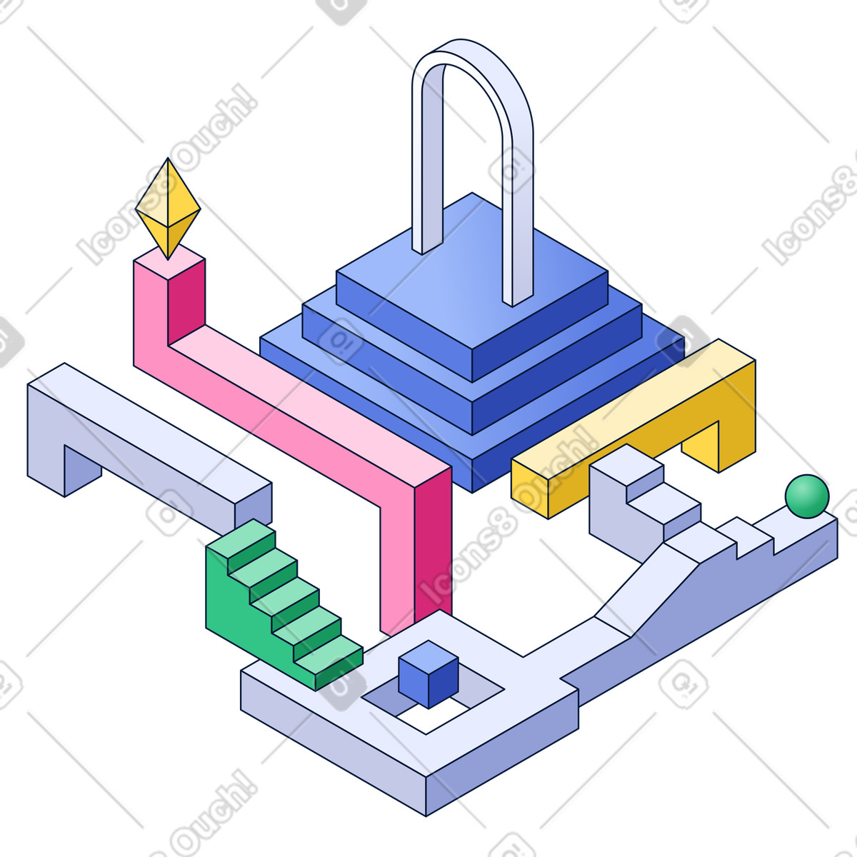 Arch with stairs and labyrinth paths, obstacle course process journey illustration in Neat style download in PNG, SVG