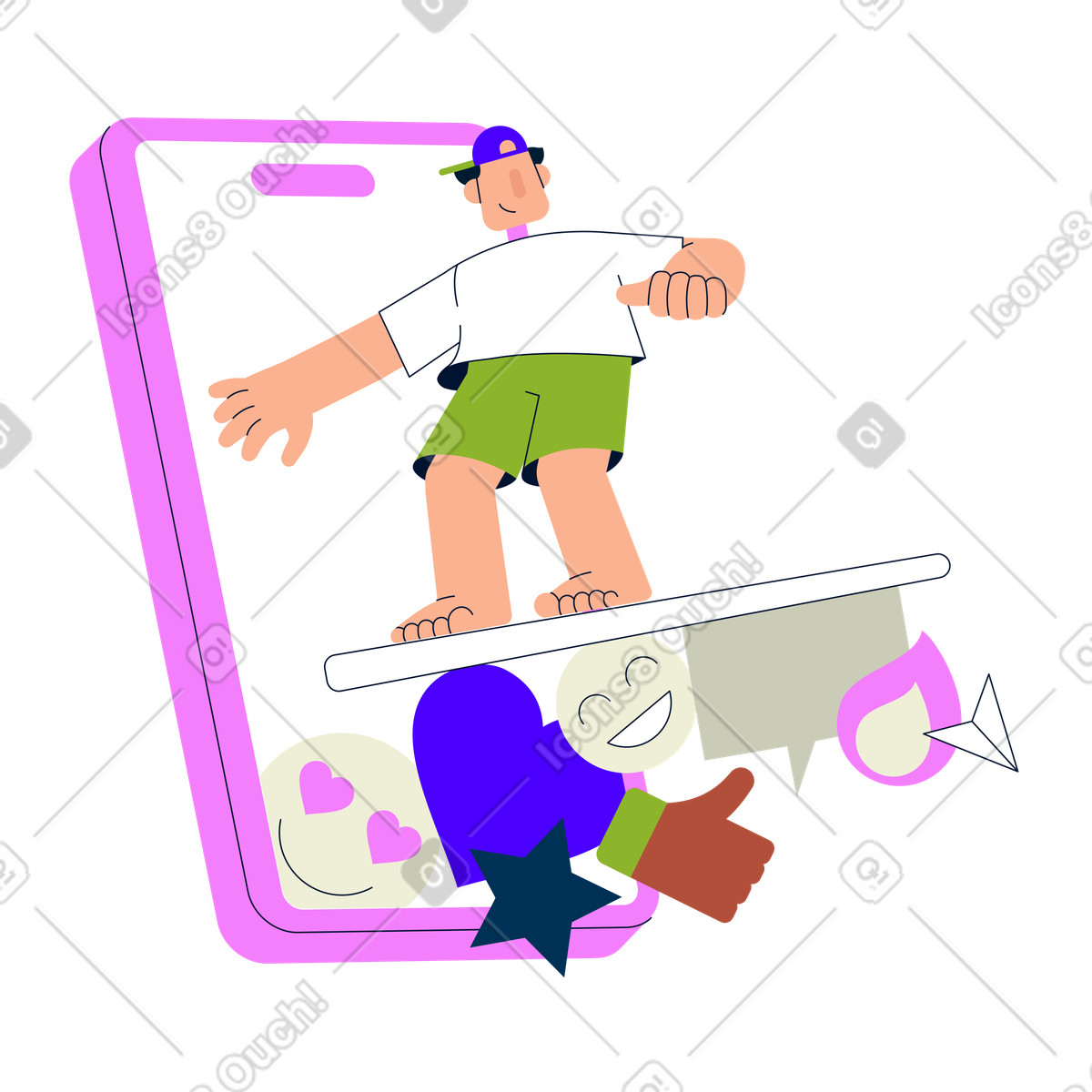 Illustration animée Un homme sur une planche de surf conquiert les réseaux sociaux dans le style Cubes à télécharger aux formats GIF, Lottie (JSON), AE