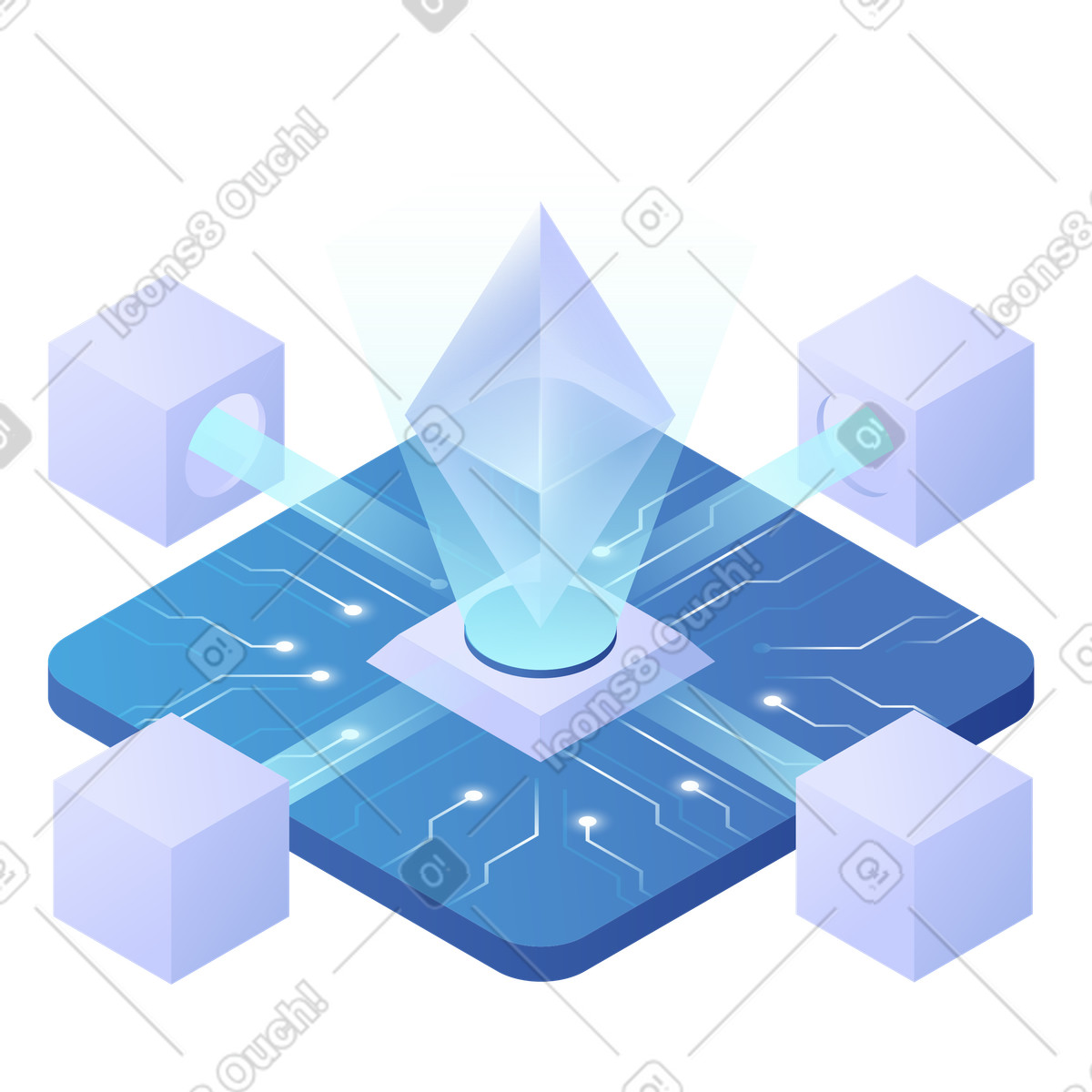 Ethereum symbol connecting to data cubes, blockchain data transfer and security illustration in PNG, SVG
