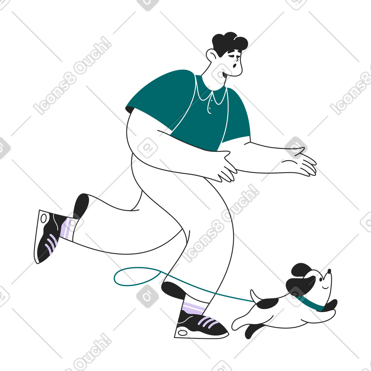 Person chasing dog on loose leash, pet care and animal behavior illustration in Sammy Line style download in PNG, SVG