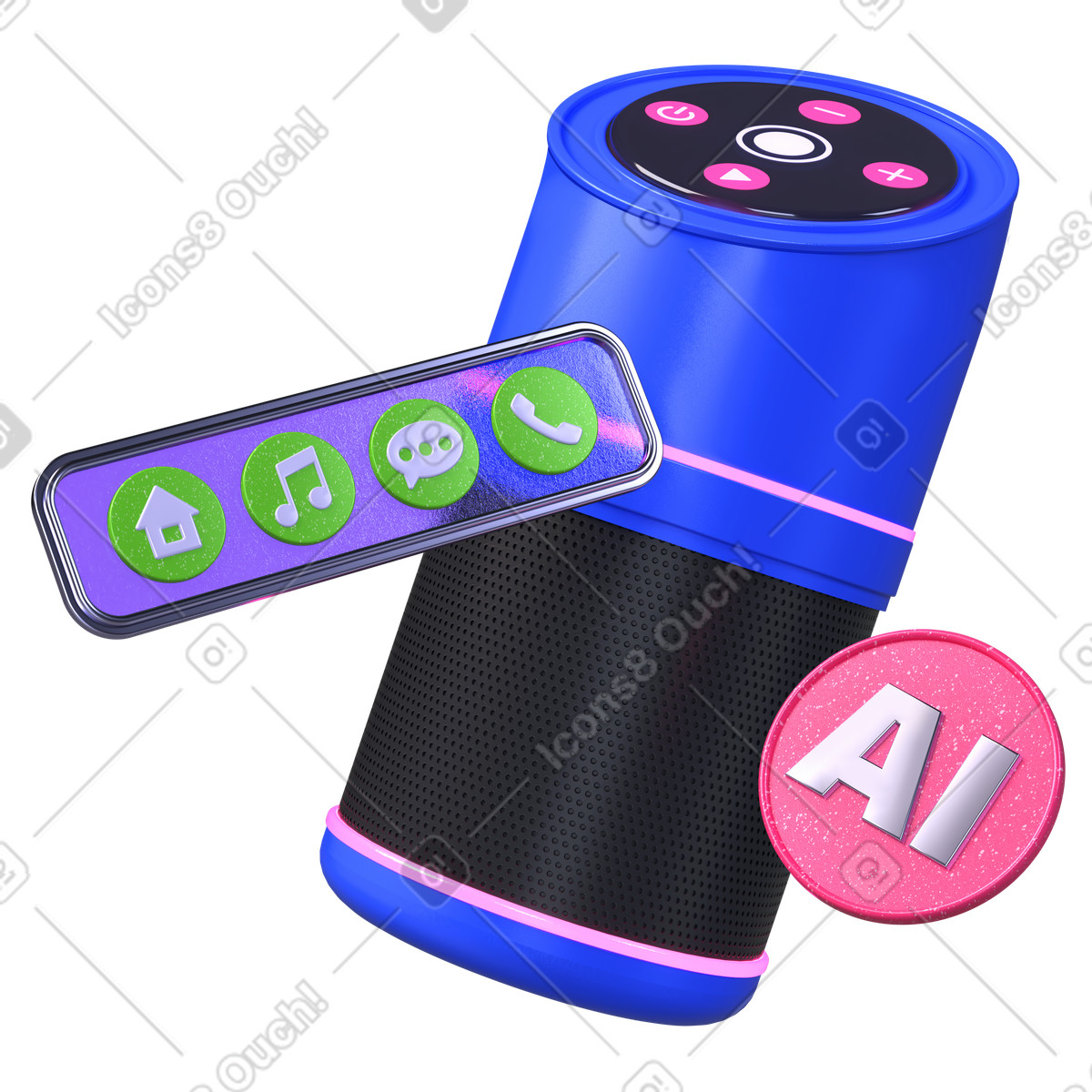 Smart speaker with AI badge and app icons, Voice assistant for home automation illustration in 3D Boost style download in PNG, SVG