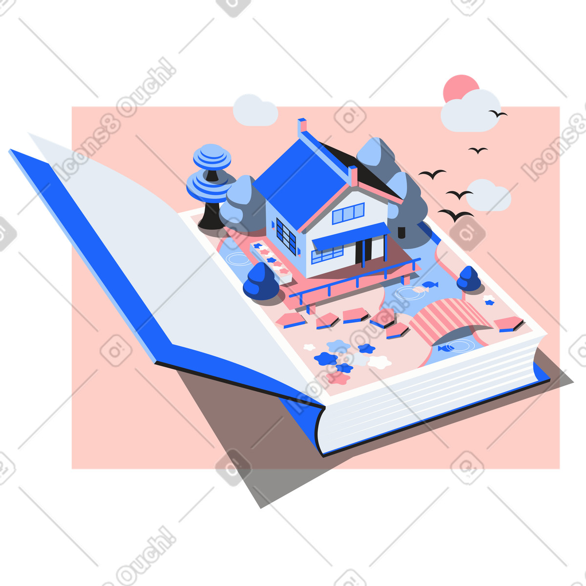 Pop up book with house and garden, Imaginative literature magical storytelling illustrazione in stile Editorial scarica in PNG, SVG