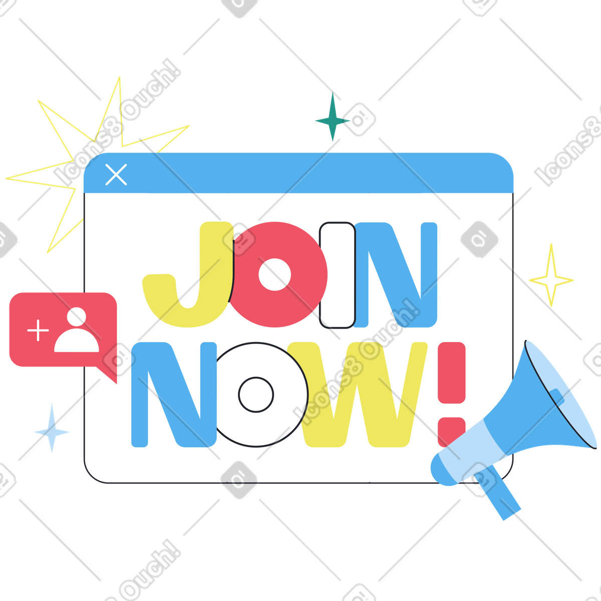Join now popup with megaphone and notification bubble, Social media invitation or marketing campaign illustration in Boba style download in PNG, SVG