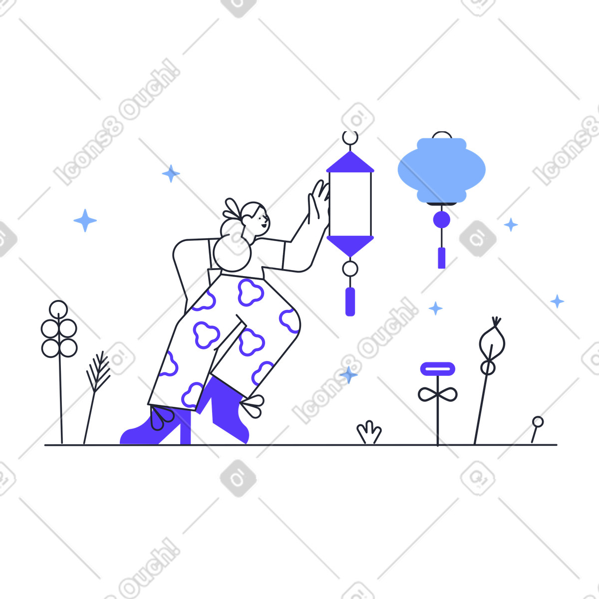 Giovane donna che guarda le lanterne cinesi illustrazione in stile Pablita scarica in PNG, SVG