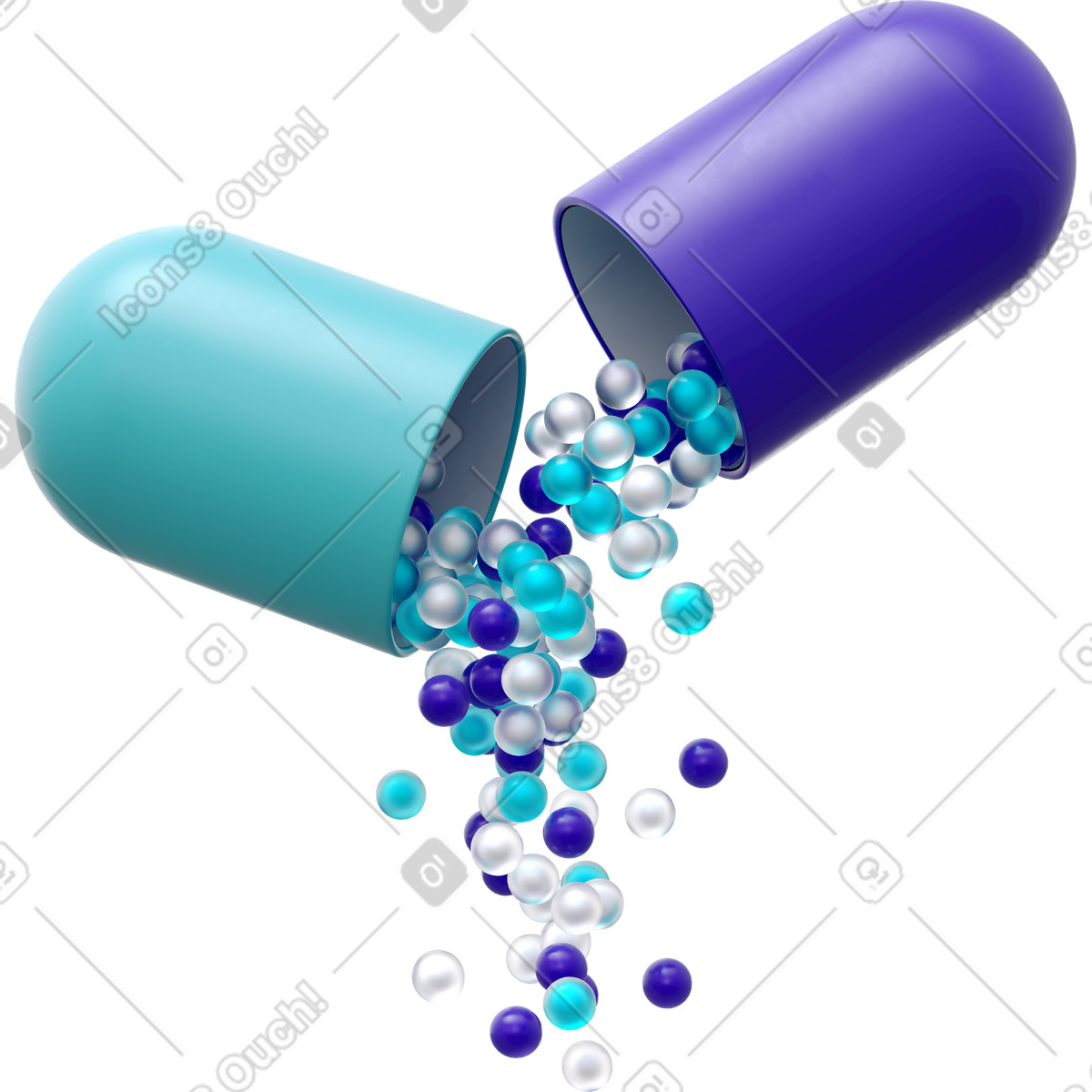 Ilustración Opened purple blue capsule with granules en estilo 3D Business a descargar en PNG y SVG