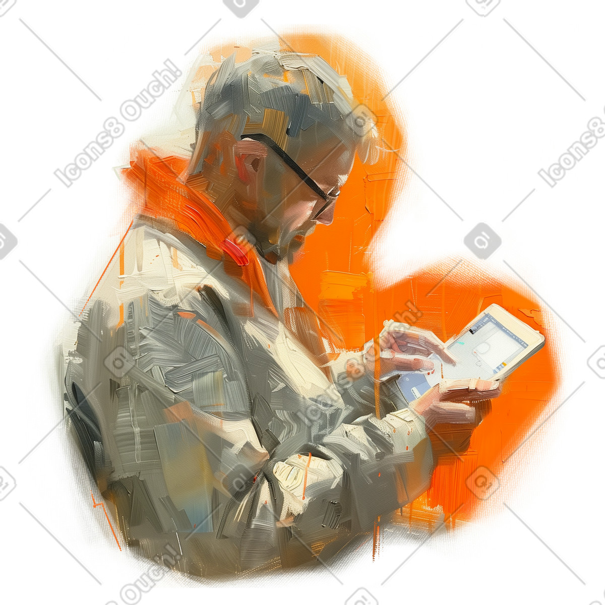 Oil painting of a man using tablet illustration in Pictorial style download in PNG, SVG