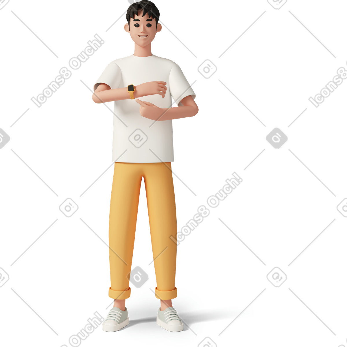 Man pointing at watch-Illustration im 3D Casual life-Stil als Download in PNG, SVG