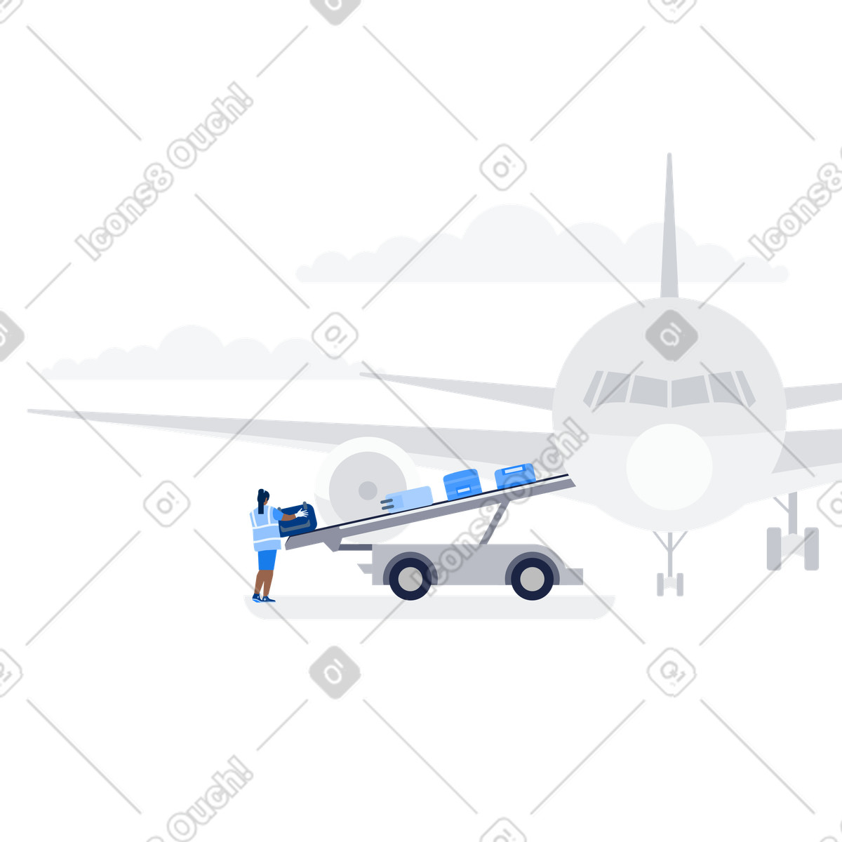 Urban 스타일의 Airport worker loading luggage on airplane, Air cargo operations 일러스트레이션 PNG, SVG 다운로드