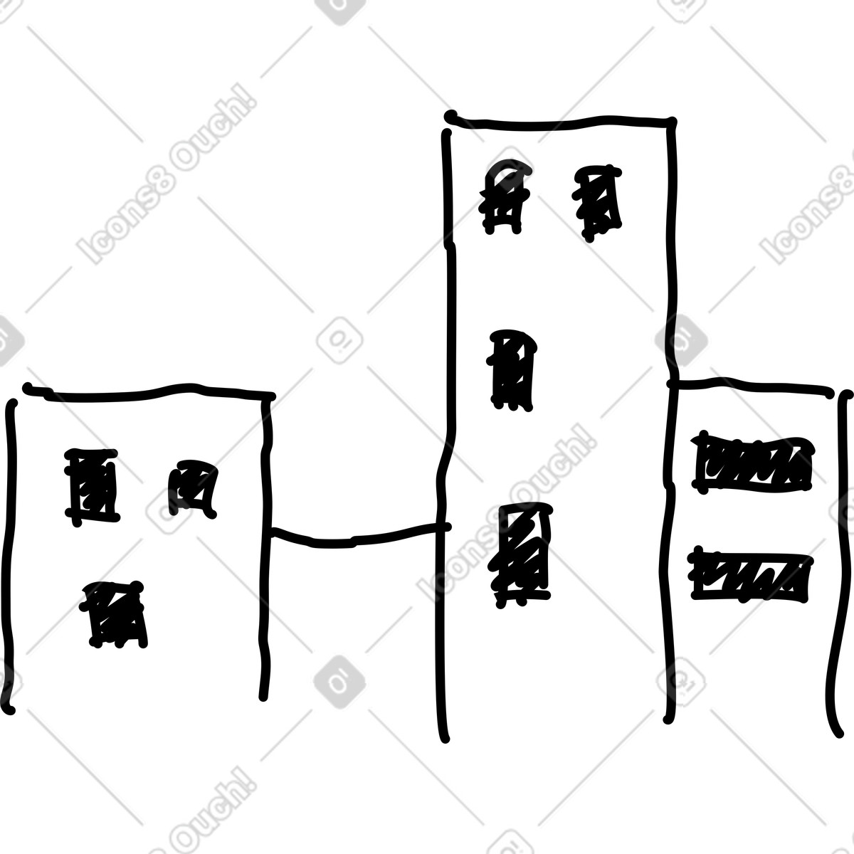 Illustration Buildings simple city skyline with connected structures and dark windows dans le style Rondy Stickers à télécharger aux formats PNG, SVG