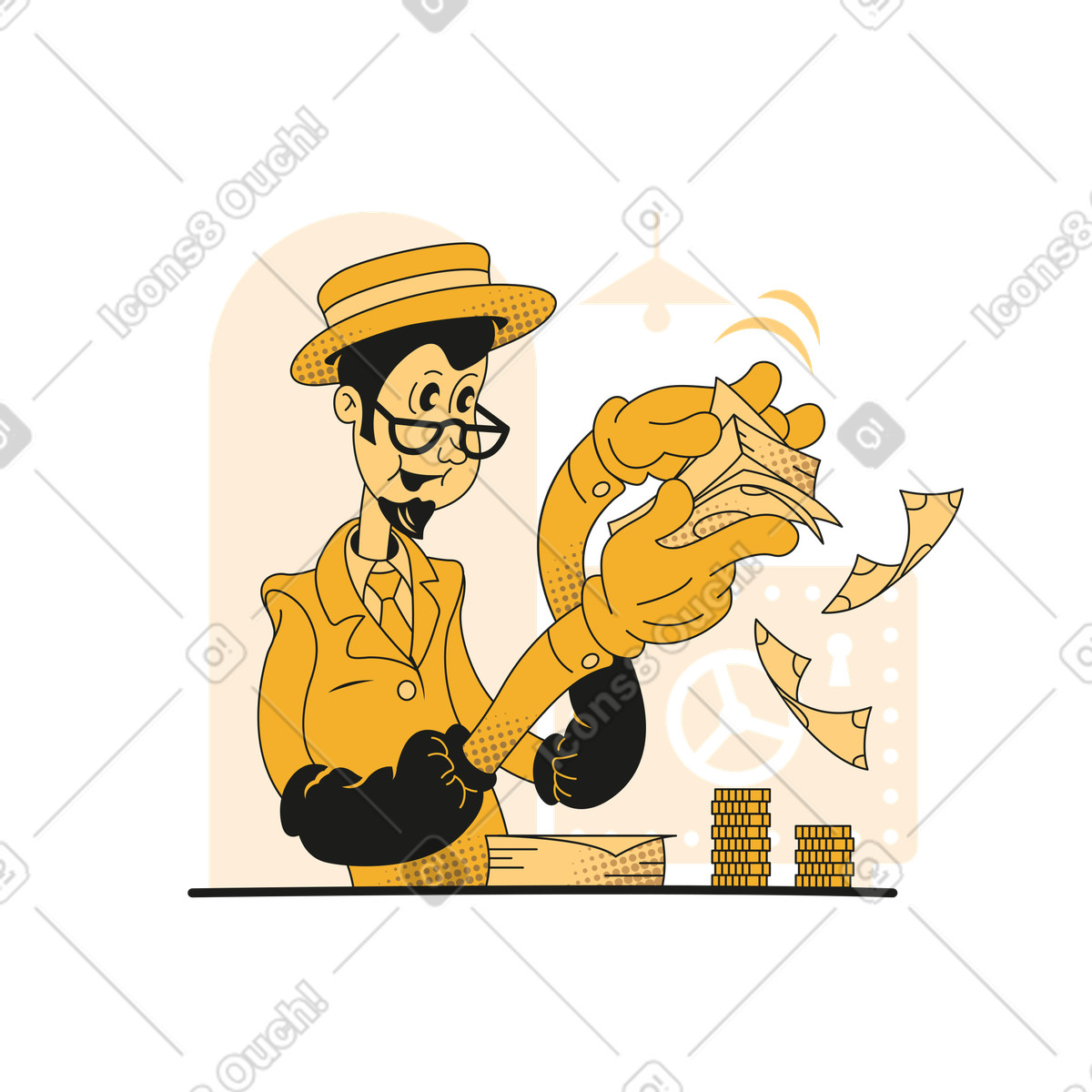 Ilustración Empleado bancario contando dinero en bóveda estilo Rubber a descargar PNG y SVG