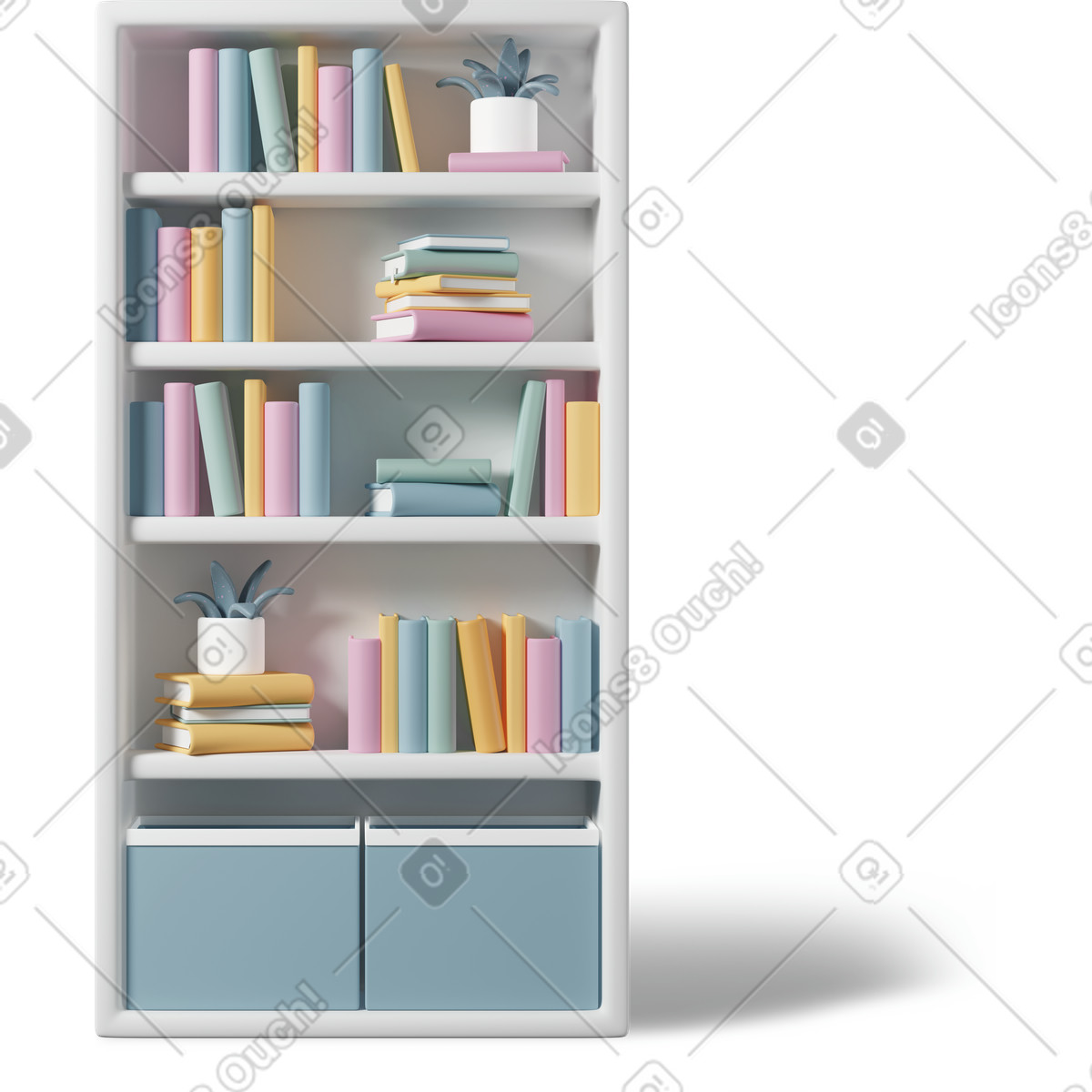 下载 3D Casual life 风格的 Bookcase with books and plants 插画，支持 PNG、SVG 格式