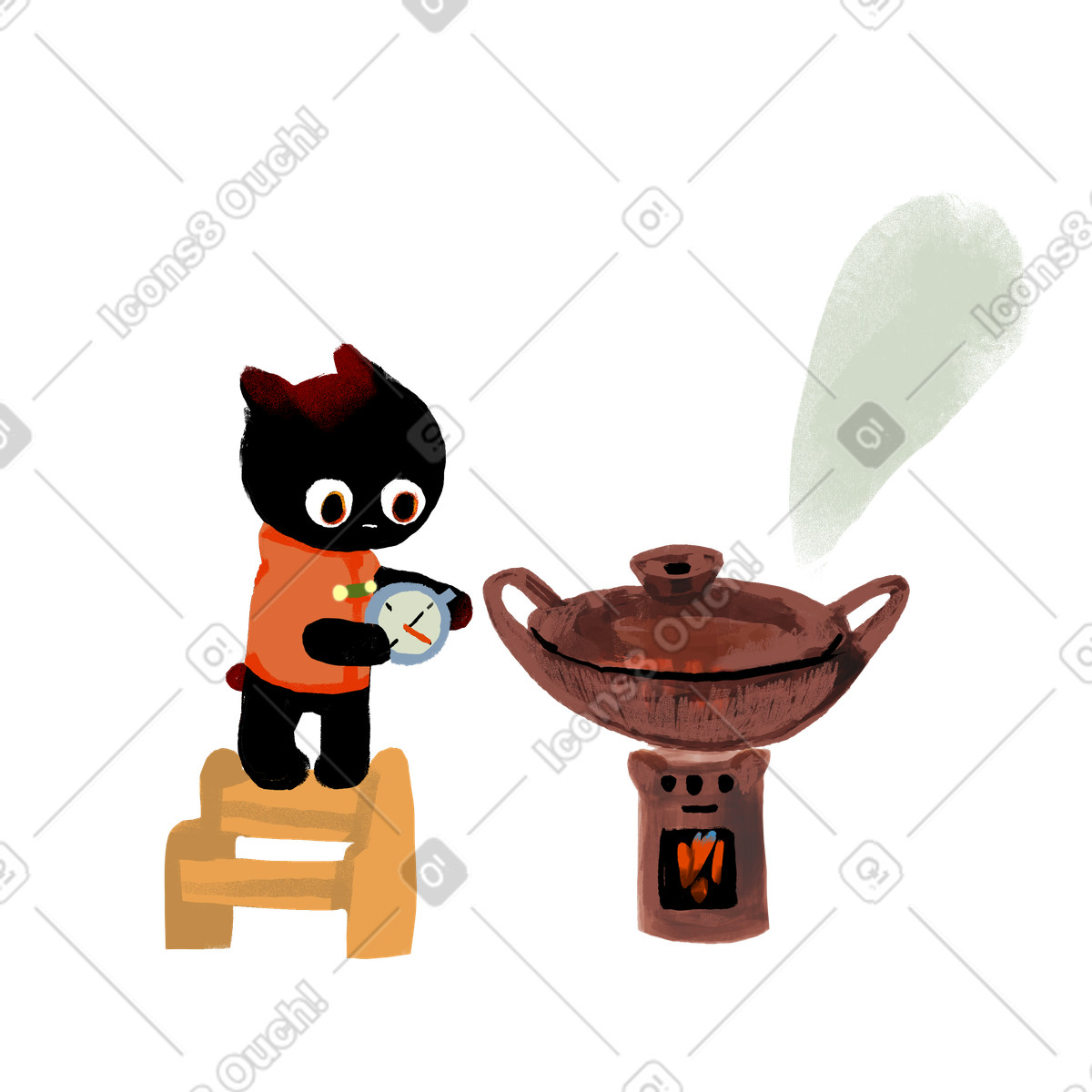 Ikigai 스타일의 Black cat setting timer while cooking, Come back later and waiting concept 일러스트레이션 PNG, SVG 다운로드