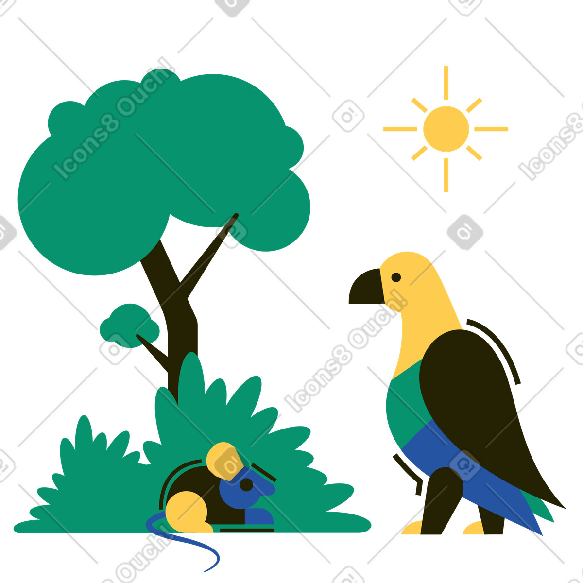 Illustration Small mouse hiding from bird, Wildlife encounter and unexpected meeting dans le style Spot à télécharger aux formats PNG, SVG