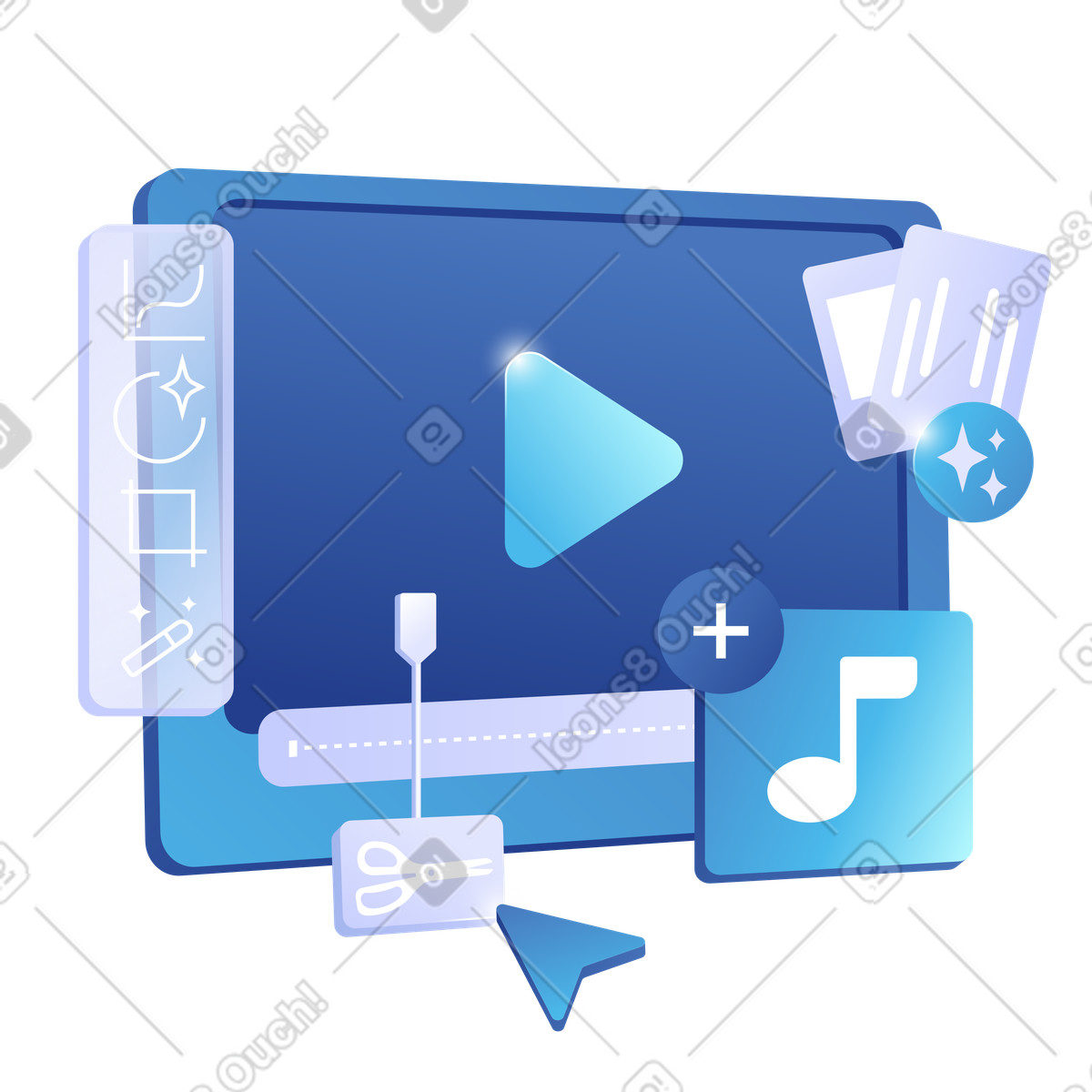 Ilustración Espacio de trabajo edición video con línea tiempo, creación contenido digital en estilo Quantum a descargar en PNG y SVG