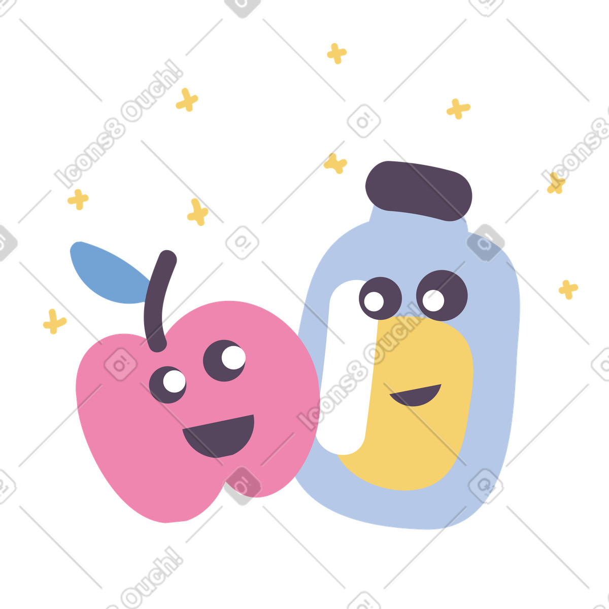 Illustration Jolie pomme et bouteille de boisson dans le style Pluto à télécharger aux formats PNG, SVG