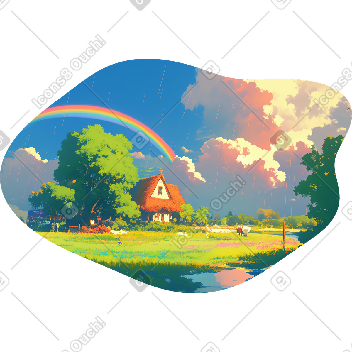 Illustration Paysage pluvieux avec maison confortable et fond arc-en-ciel dans le style Scenes à télécharger aux formats PNG, SVG