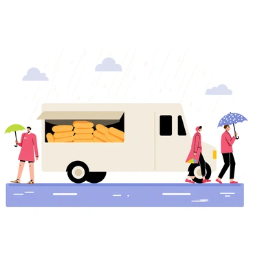 A white bread truck is parked on a city street, its side doors open to reveal stacks of freshly baked bread inside. Soft raindrops fall from a cloudy sky, creating small ripples in puddles on the pavement. Several people are walking by, each holding colorful umbrellas to shield themselves from the drizzle. One person is wearing a bright red raincoat, while another has a blue umbrella with white polka dots. The scene captures the activity of the city amidst light rain, with the truck prominently featuring in the foreground.