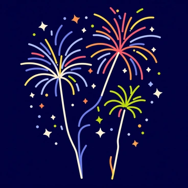 Fireworks bursting in the night sky, with vibrant colors such as red, blue, green, and yellow. Each firework explodes into intricate shapes like stars and spirals, leaving trails of sparkling light. The background is a dark blue, enhancing the brightness of the fireworks against the deep night.