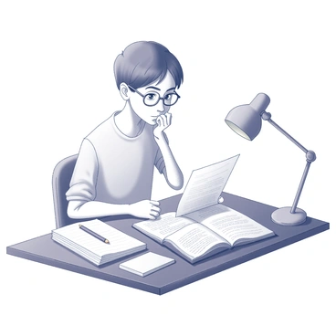 A student sitting at a wooden desk, looking thoughtfully at a stack of papers displaying grades. The student has short hair and wears glasses, with a furrowed brow indicating concentration. Surrounding the student are various open books, including a textbook and a notebook filled with handwritten notes. A pencil rests beside the notebook, and a desk lamp is positioned nearby, casting a soft light on the scene.