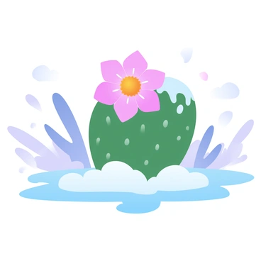 A vibrant cactus flower in bright colors is peeking through a light dusting of snow on the ground. The flower stands out against the white snow, surrounded by the rugged texture of the cactus plant. The snow is delicately covering the surface, creating a contrast between the warm tones of the flower and the coolness of the winter dusting. The background features sparse desert vegetation and a clear sky, adding to the unique scene of a desert landscape in winter.