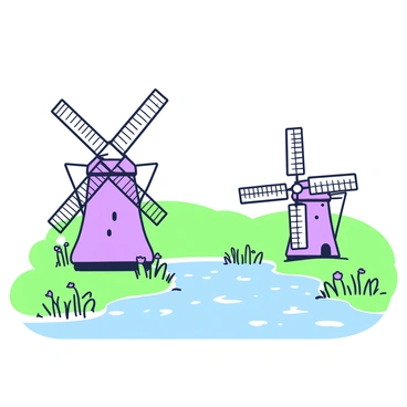 A row of traditional Dutch windmills stands alongside a calm canal. Each windmill features a tall, wooden structure with a rotating set of blades at the top. The windmills are painted in a rustic style, with textures indicating their wooden surfaces. The canal reflects the windmills and has gentle ripples on the water's surface. On either side of the canal, there are patches of green grass, with a few wildflowers peeking through. In the background, there are rolling fields that stretch into the horizon, enhancing the scene's tranquility.