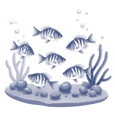 A group of zebrafish is swimming gracefully in an aquarium. The fish display their distinctive stripes as they navigate between various coral-like decorations. The decorations are intricately designed, resembling natural coral formations with multiple branches and textures. The background features a variety of aquatic plants, adding depth to the scene. Bubbles rise to the surface, capturing the movement of water and enhancing the lively atmosphere of the underwater habitat.