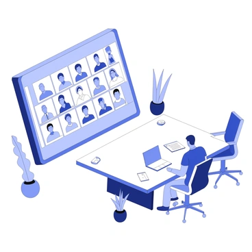 A modern office features a large screen displaying colleagues from around the world attending a virtual meeting. Each colleague's face is visible in a separate video feed, showcasing a diverse group of individuals. The screen is mounted on a sleek wall, and the office is equipped with contemporary furniture, including a large conference table and ergonomic chairs. Soft lighting highlights the professional atmosphere, while a few decorative plants are positioned around the room. Laptops and notepads are scattered across the table, indicating a collaborative environment.